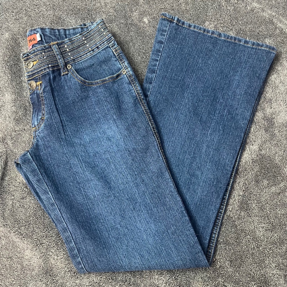 Y2K Flare Leg Denim Rhinestone Mid Rise Embroidered Pockets Sz 9 Retro Hippie
